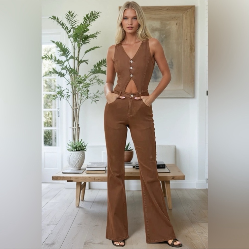 🤎✨ Western Cut Out Bootcut Brown Denim Jumpsuit | Cowgirl Rodeo Flare One Piece